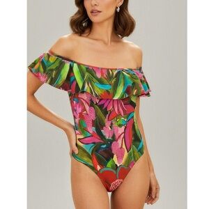 FARM RIO Jardin De Reve Off-Shoulder Ruffle One Piece Swim, Green, Small